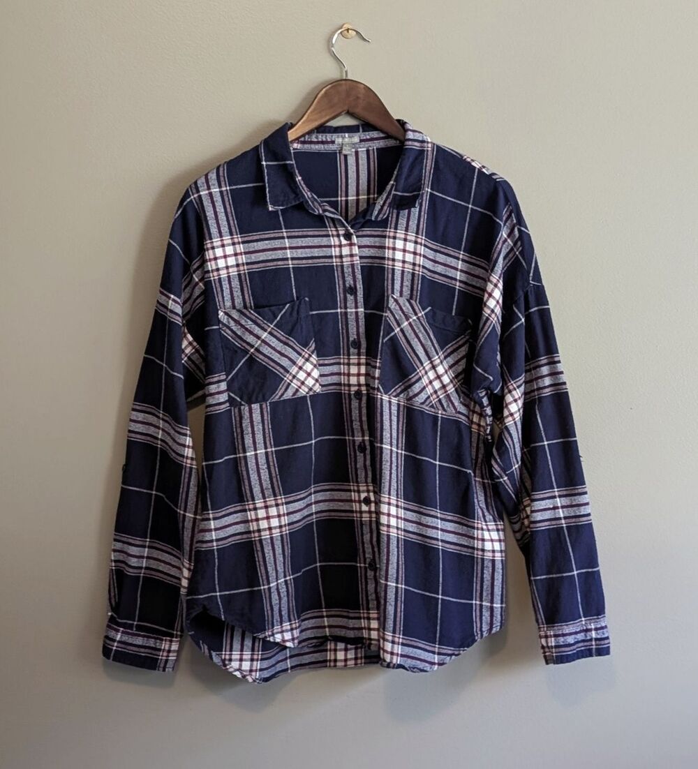 Charlotte Russe Blue Plaid Flannel Shirt Womens Large L Soft Button Down Top LS
